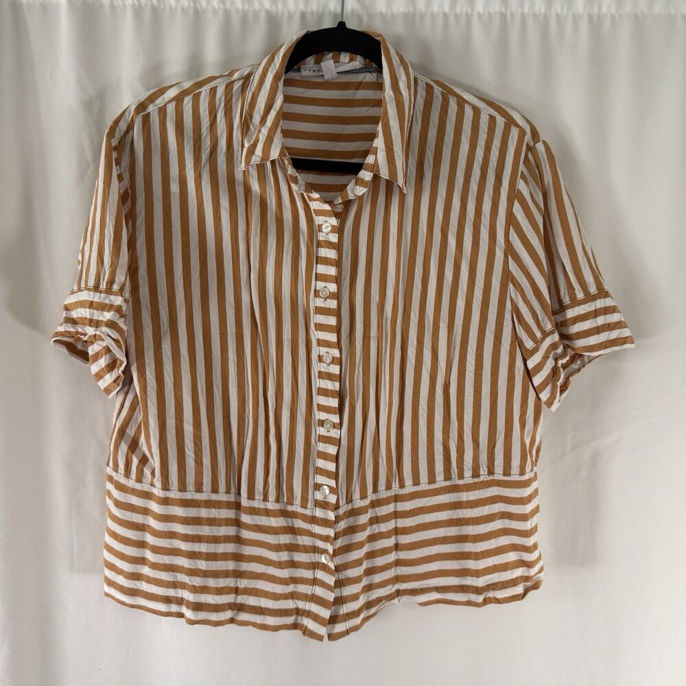 Jane Delancey Blouse Women's Medium Yellow White Striped Short Sleeve Collared